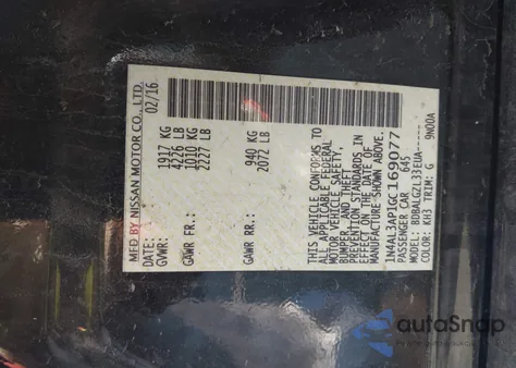 2016 Nissan Altima 2.5/2.5 S/2.5 Sl/2.5 Sr/2.5 Sv z USA, uszkodzony, nr VIN 1N4AL3AP1GC169077